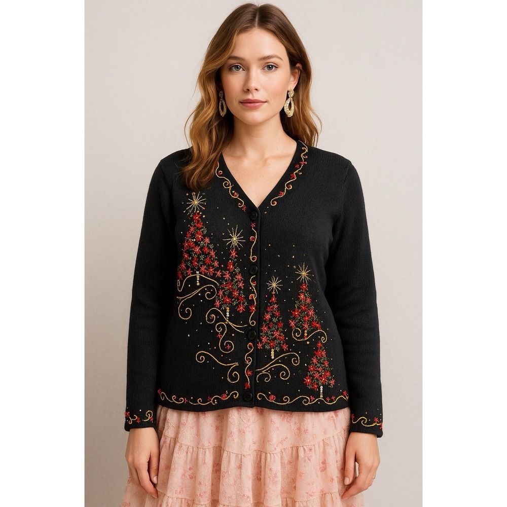 Vintage Christmas sweater black beaded tree cardigan festive embellished women L